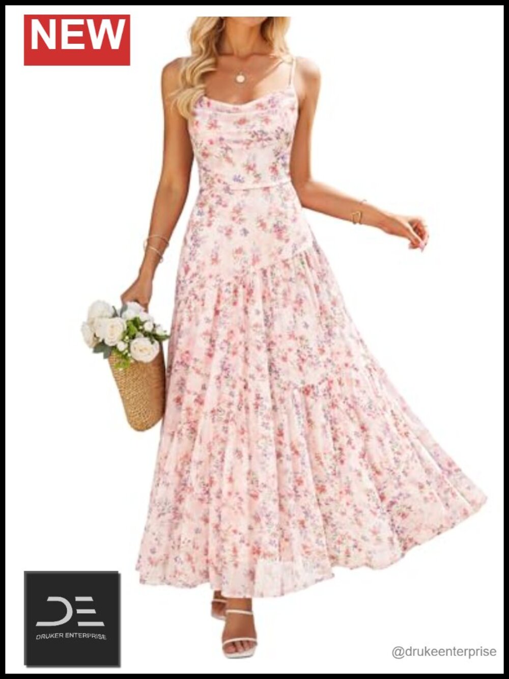 Women's Mesh Floral Sleeveless Maxi Dress Cowl Neck Spaghetti Strap Summer